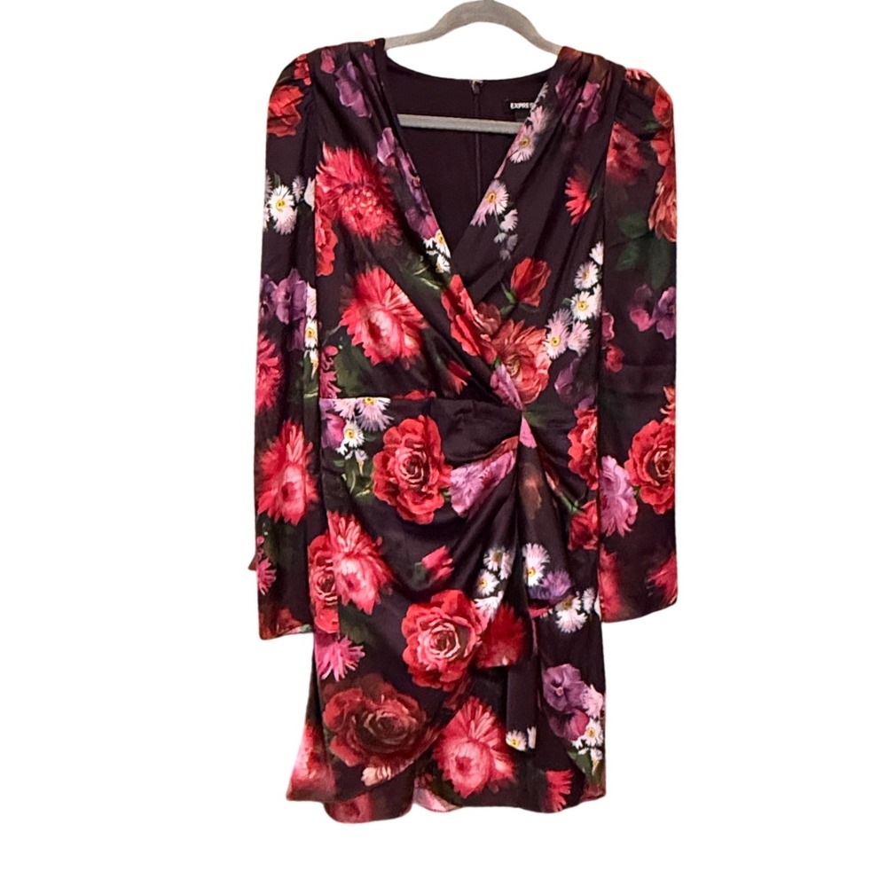 Express Mini Dress Floral Rose Long Sleeve 10 Purple Red Excellent Ruched V-Neck